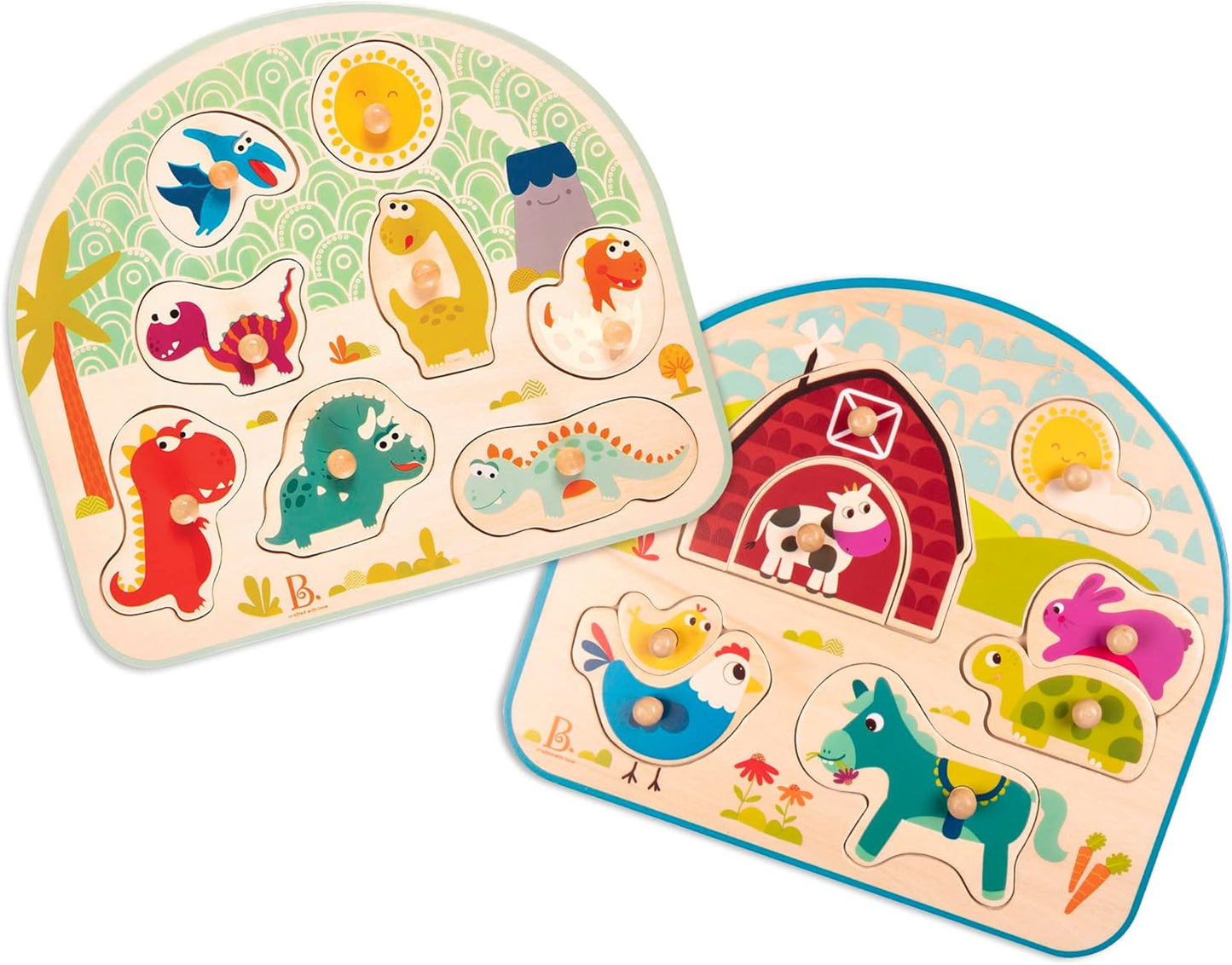 B. toys – 4 Wooden Peg Puzzles – Dinosaurs, Sea Animals, Vehicles, Farm – Puzzles for Toddlers, Kids – 18+ Months