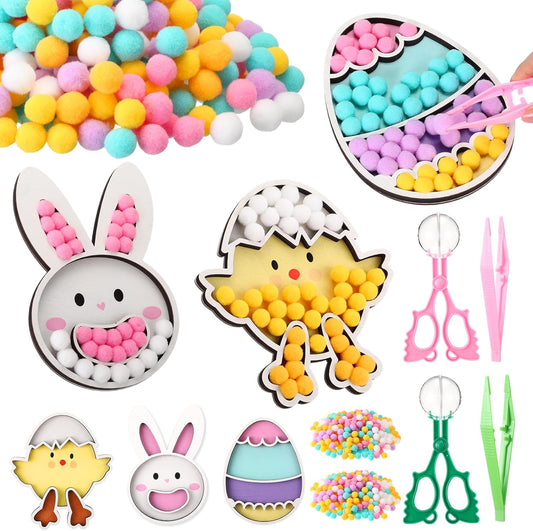 Hollowfly 3 Set Farm Animal Sensory Bin with 3 Pcs Game Board Sensory Bin Filler Bunny Egg Chick Boards 300 Pcs Pom Poms Color Sorting Toys Counting Fine Motor Skill for Easter Party Matching Game