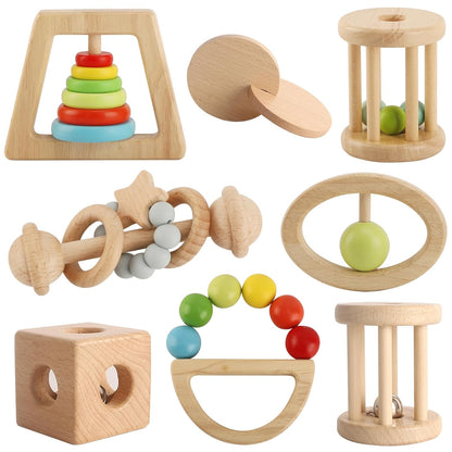 Wooden Rattles for Baby, 7PCS Wooden Montessori Toys for 7-24 Months Baby Boy Girl, Natural Beech Wood Grasping Toy, Gift for Babies