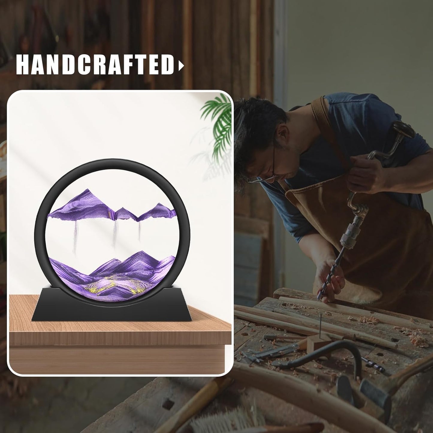 Wai Danie Moving Sand Art Picture 3D Hourglass Deep Sea Sandscape Liquid Motion Display Painting Flowing Sand Frame Relaxing Desktop Home Office Work Decor (Black, 12 Inches)