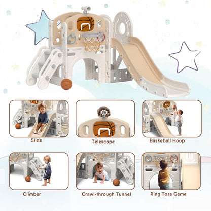 YUFU 9 in 1 Toddler Slide Set, Kids Slide for Toddlers Age 1-3, Toddler Playset with Climber and Basketball Hoop, Kids Indoor Outdoor Playground (Beige+Coffee)