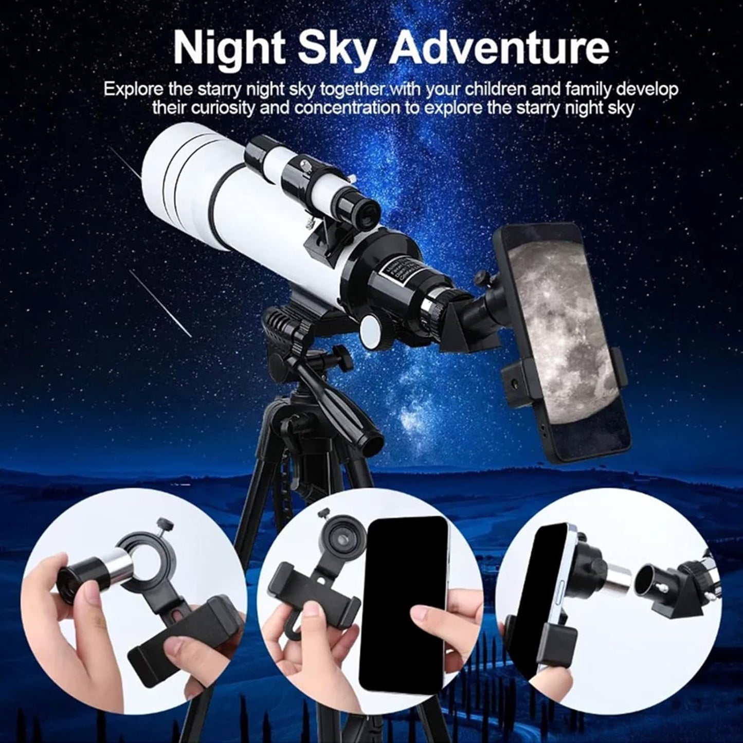 Telescope for Adults & Kids，70mm Aperture 400mm Astronomical Refractor Telescopes for Kids Beginners，with Adjustable Height Tripod，Moon Mirror, Bard Membrane，Phone Adapter, Carrying Bag
