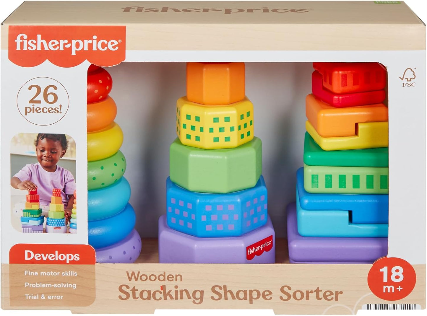 Fisher-Price Wood Toddler Toy Stacking Shape Sorter, 26-Piece Wooden Playset for Developmental Play Kids Ages 18+ Months