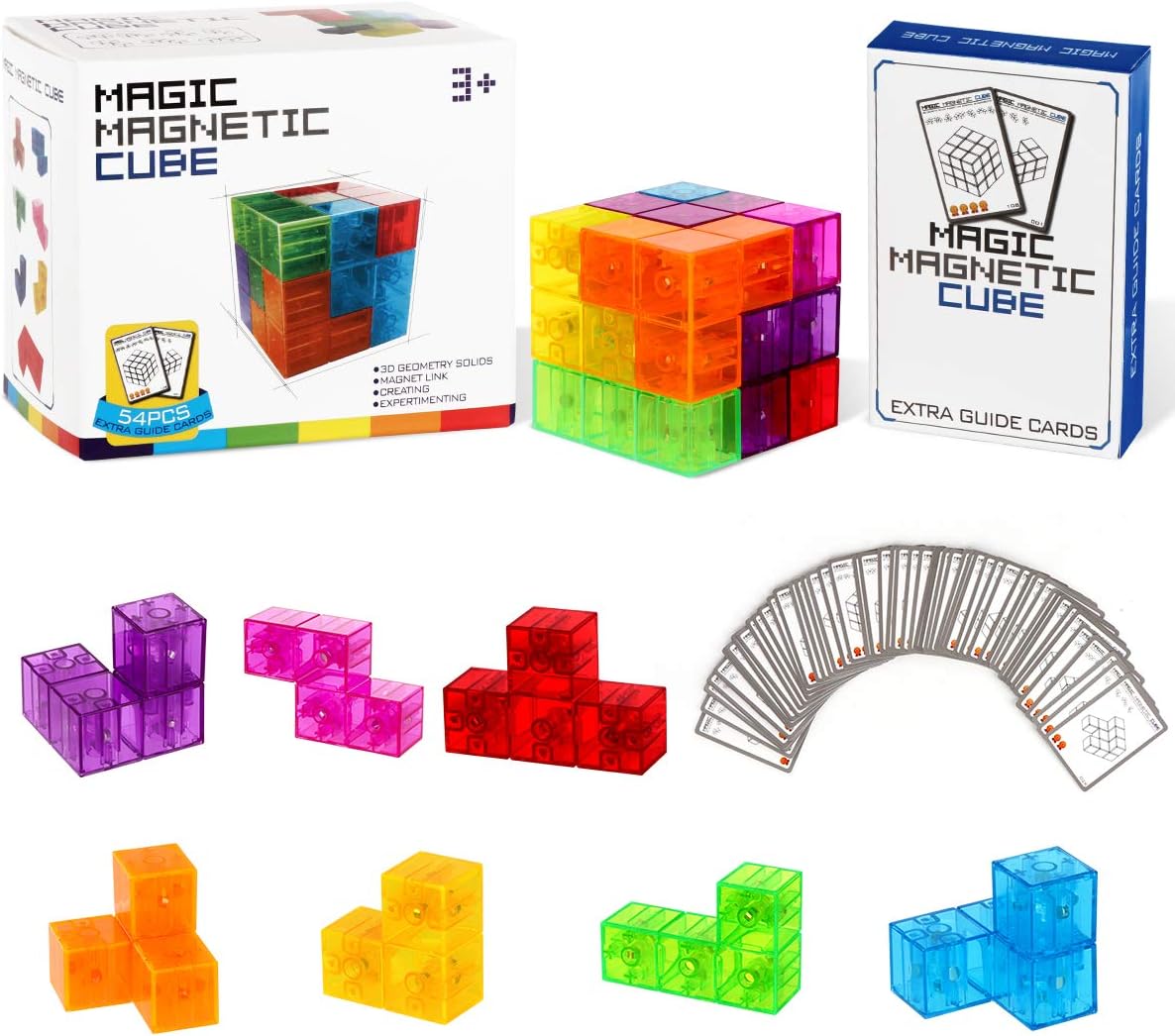 Magic 3D Puzzle Cubes, Set of 7 Multi Shapes Magnetic Blocks with 54 Guide Cards, Intelligence Developing and Stress Relief Fidget Toys