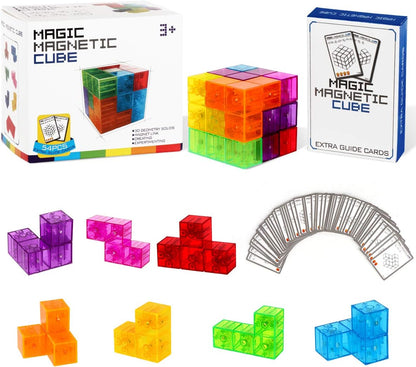 Magic 3D Puzzle Cubes, Set of 7 Multi Shapes Magnetic Blocks with 54 Guide Cards, Intelligence Developing and Stress Relief Fidget Toys