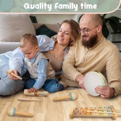 Stoie's Wooden Toddler Musical Instruments with Drum, Hand Bells, Flute, Maracas, Castanet, Tamburine, for Babies and Kids, Eco Friendly Montessori Educational Toy