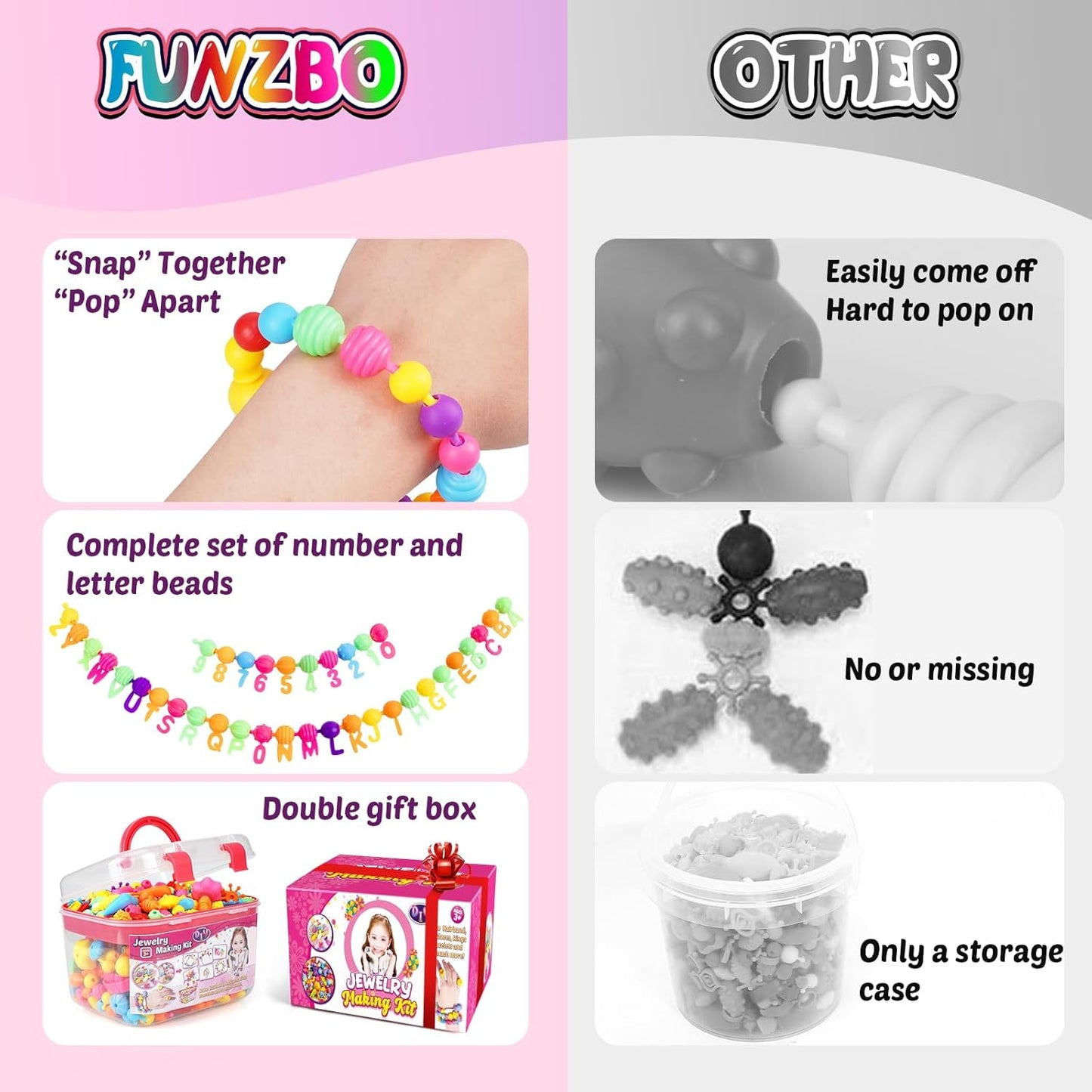 FUNZBO 650pcs Pop Beads - Jewelry Making Kit for 3 4 5 6 7 8 Year Old Little Girls, Arts and Crafts Toys for Kids, Necklace Bracelet Creativity Snap Set Birthday Gifts