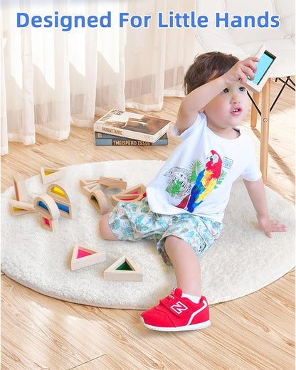 Wooden Building Blocks with Rainbow Acrylic Windows - 24pc Classic Montessori Stacking Set - Screen-Free Educational STEM Construction Toys for Toddlers Ages 18M+