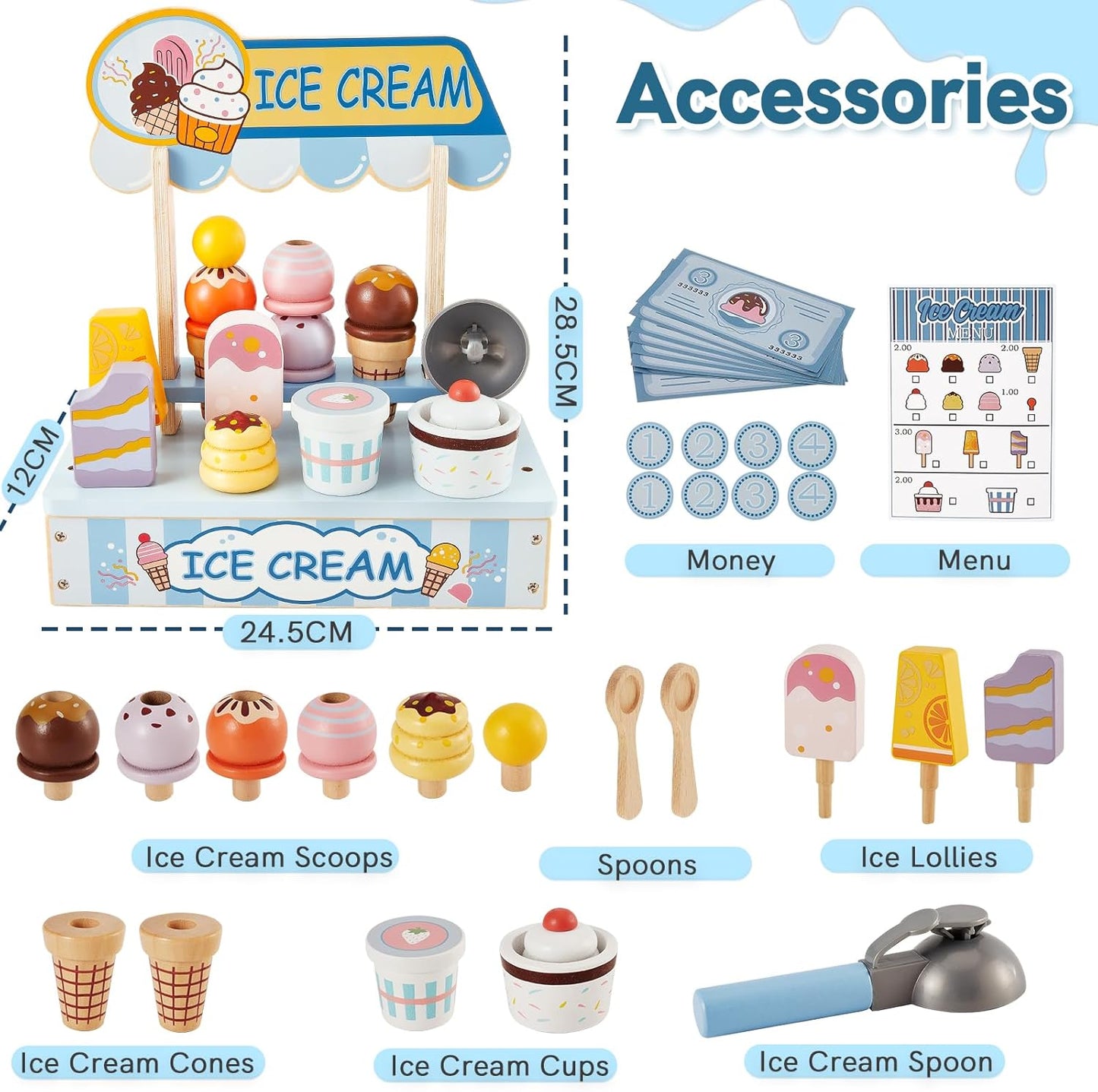 HERSITY Wooden Ice Cream Counter Pretend Play Food for Toddlers 3-5, Ice Cream Shop Stand Popsicle Toy Set Gifts for 3+ 4 5 6 Year Old Girls Boys, Pink