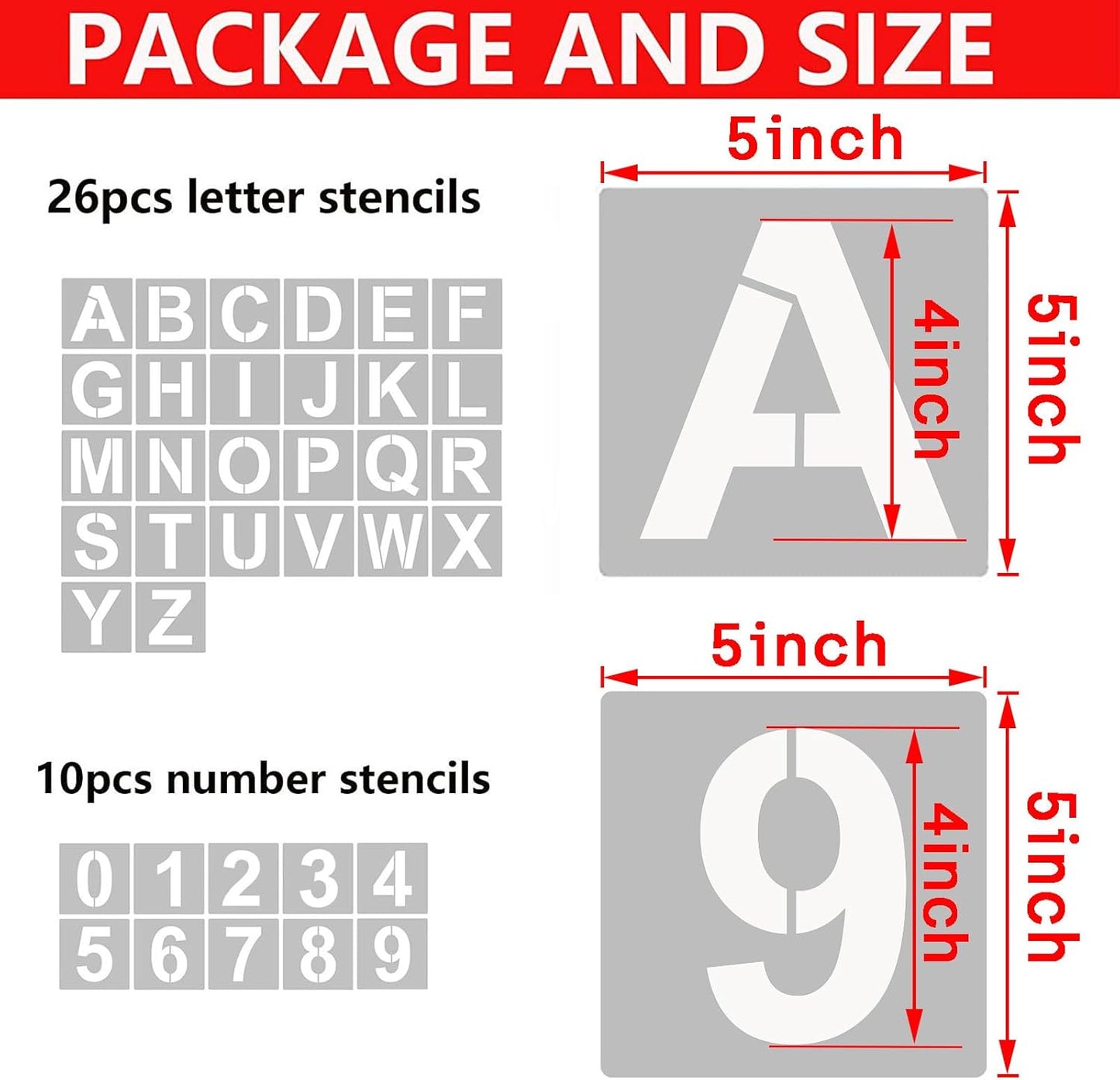 4 Inch Letter Stencils and Numbers, 36 Pcs Alphabet Art Craft Stencil, Reusable Plastic Templates for Wood, Wall, Fabric, Rock, Signage (4 Inch)