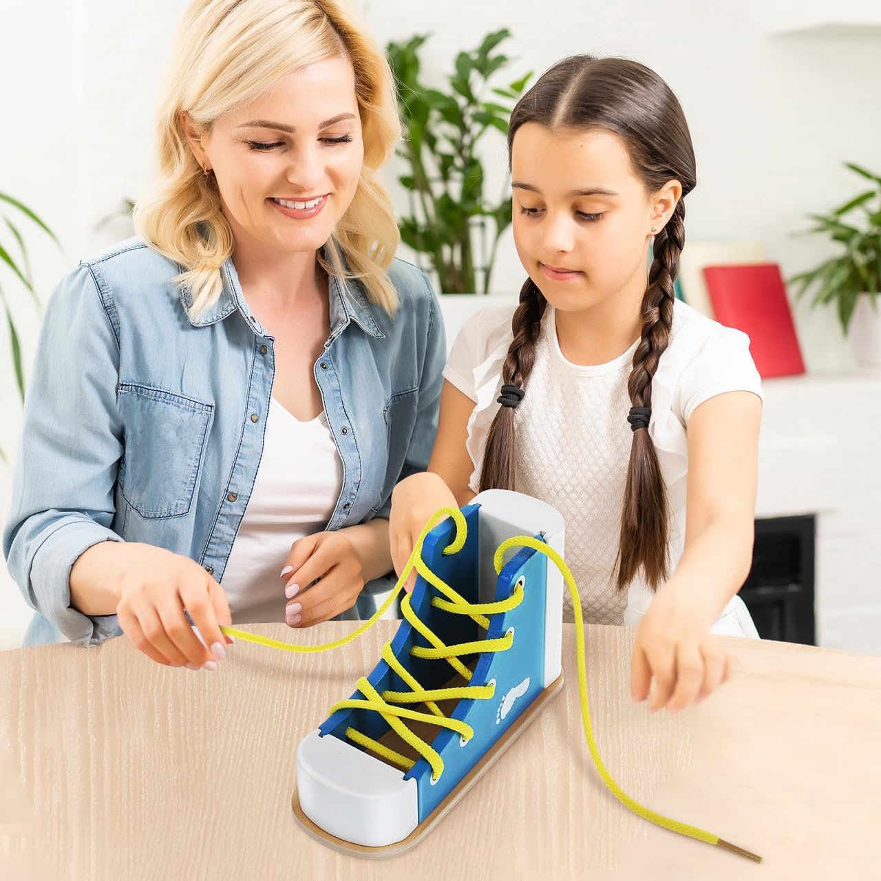 NUOBESTY Shoe Tie Practice for Kids Learn to Tie Shoes Tying Practice Board Lacing Toy Wooden Shoelaces Knot Tying Kit Teaching Preschool Learning Toys, Blue