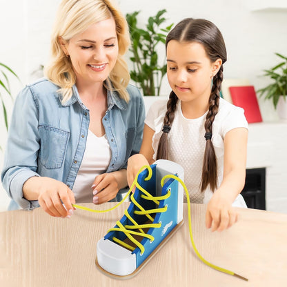 NUOBESTY Shoe Tie Practice for Kids Learn to Tie Shoes Tying Practice Board Lacing Toy Wooden Shoelaces Knot Tying Kit Teaching Preschool Learning Toys, Blue