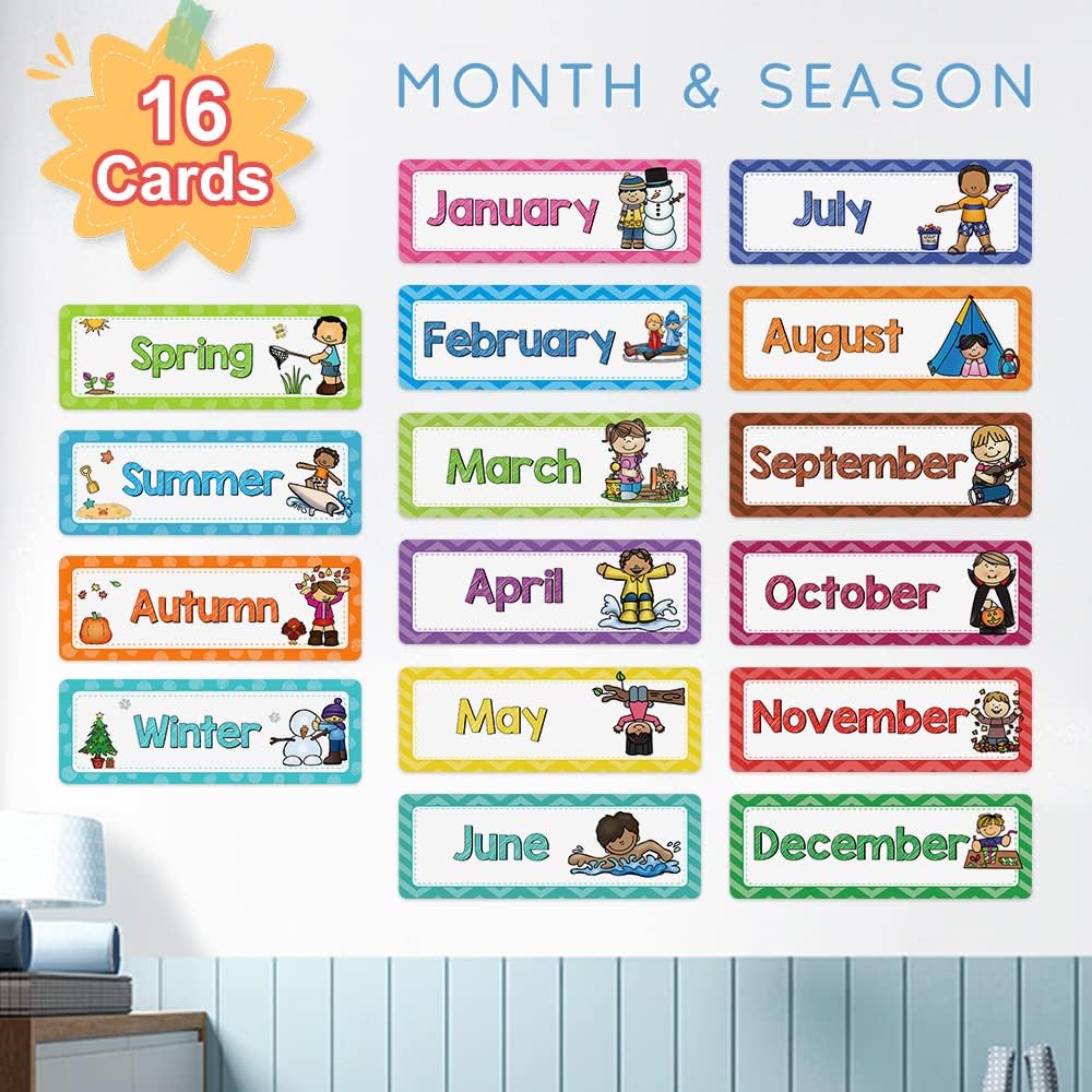 Lachilly 24 Pcs, 3 Themes Days of The Week/Seasonal/Months of The Year Flash Cards Subject Titles for Bulletin Board Headliners Classroom Decoration English Words