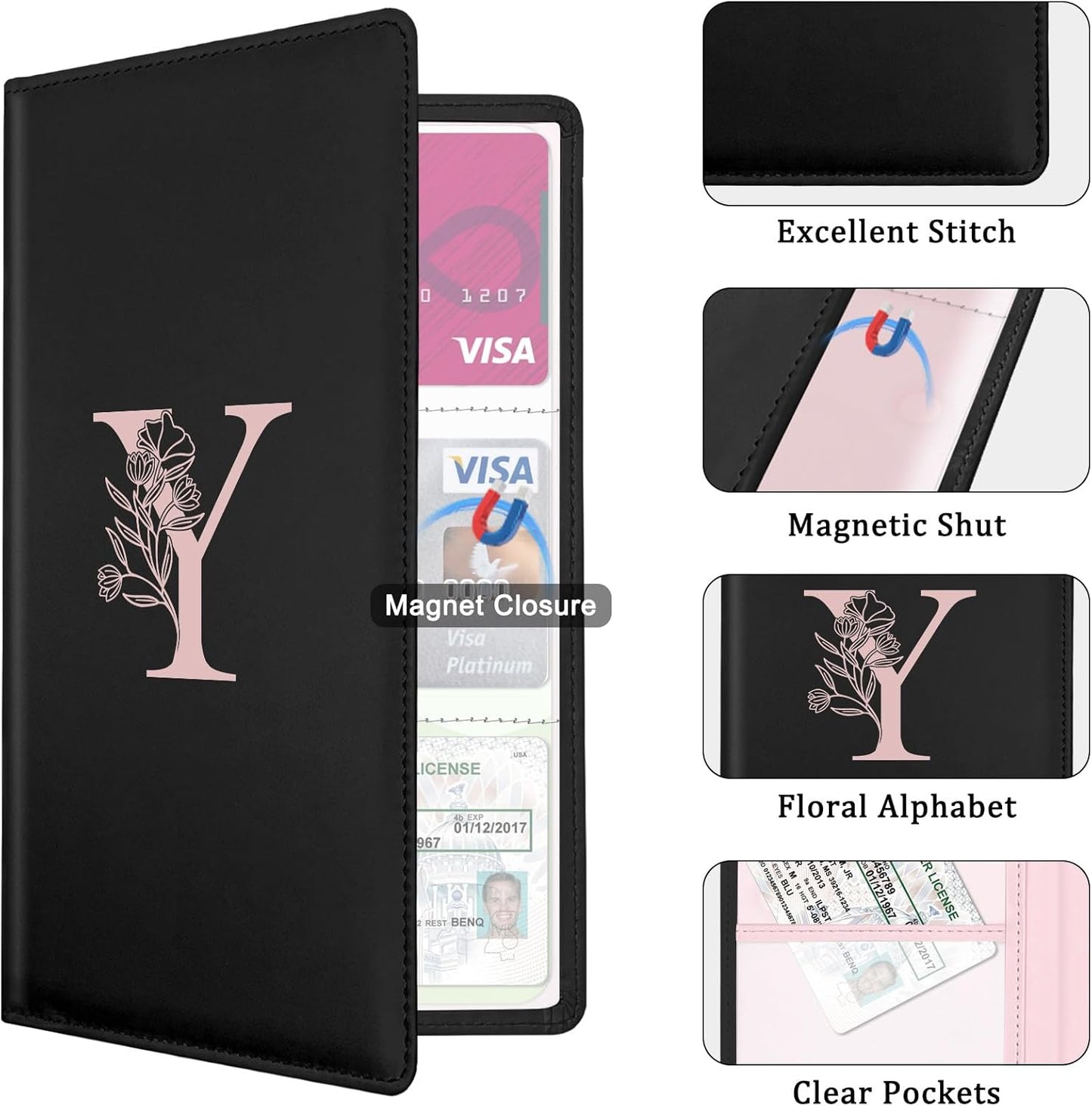 Letter Car Registration and Insurance Holder, with Magnetic Closure for License, Cards and Documents,Vehicle Glove Box Car Organizer, Interior Car Accessories for Women Men (I)