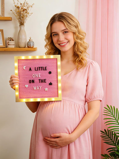 Changeable Felt Letter Board with LED Lights - 10×10" Message Custom Signs & Wood Stand & 450 Letters, Poster Board for Baby/Pregnancy Announcement/Classroom Wall Graduation Decor Gifts, Camel