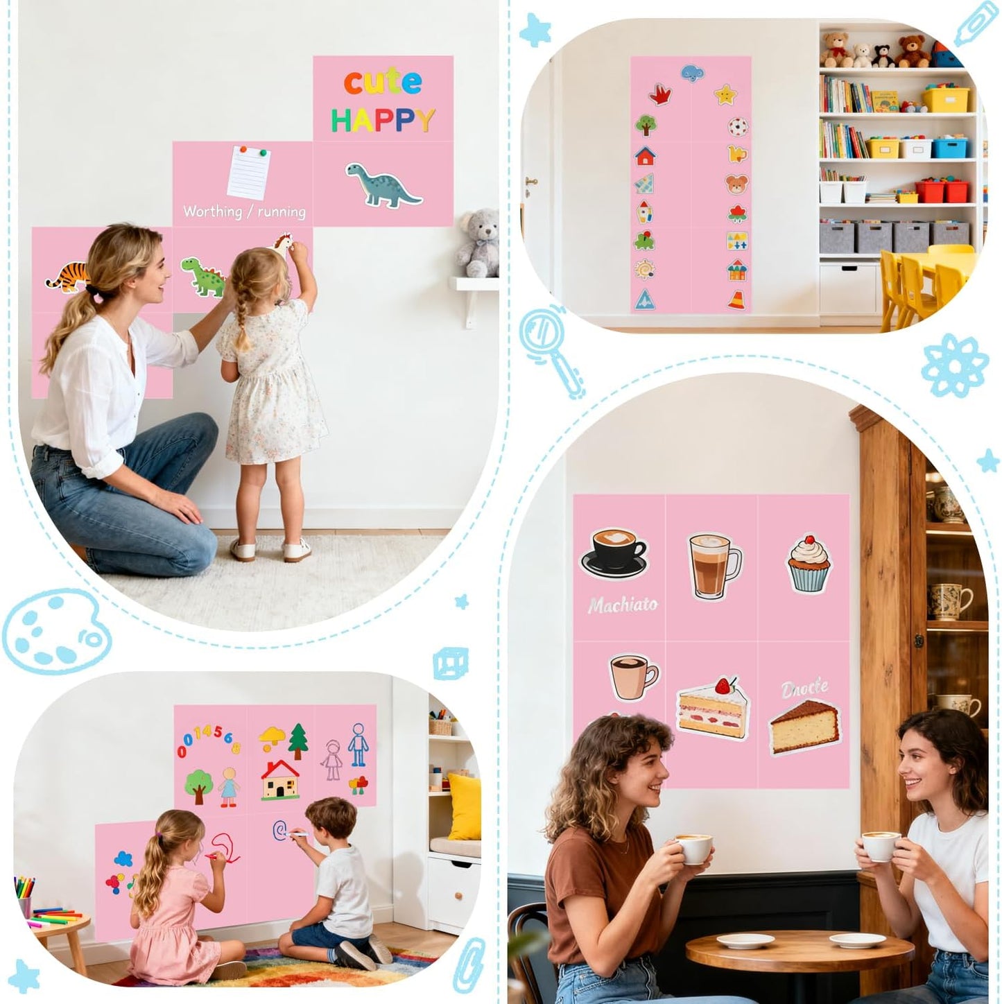 Magnetic Decal Wall for Kids Set of 6 Milk Tea Magnetic Chalkboard for Wall Peel and Stick Magnet Sheets with Chalk Tangram Puzzle and Multiple Accessories Magnetic Wall Decal for Playroom Home