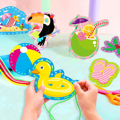 Summer Lacing Cards Sewing Kits For Kids 12 Pack Beach Theme Pool Party Decoration Double Sided Cardboard Lacing Playing Games for Boys Girls Preschool Home Developing Imagination Education Supplies