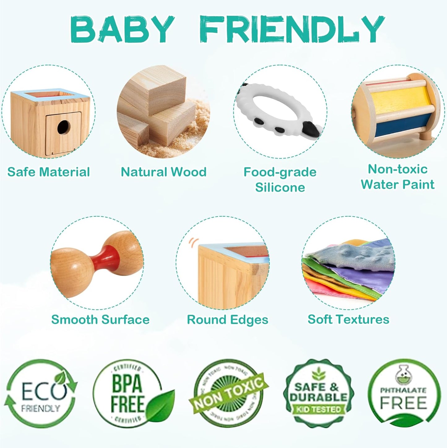 WOODMAM Montessori Toys for Babies 7-12 Months, 9 in 1 Educational Wooden Toys Set, Includes Object Permanent Box, Stacking Cups, Mirror Puzzle, Ring Stacker and More