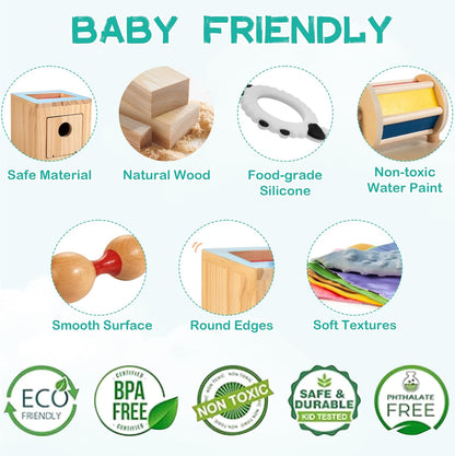 WOODMAM Montessori Toys for Babies 7-12 Months, 9 in 1 Educational Wooden Toys Set, Includes Object Permanent Box, Stacking Cups, Mirror Puzzle, Ring Stacker and More