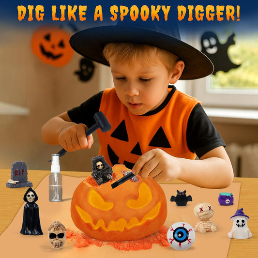 PIBEX Spooky Pumpkin Dig Kit – Excavation Science Kit with 14 Hidden Treasures (4 Metal Charms + 10 Creepy Minis) DIY Necklace Craft & Archaeology Adventure Toy for Kids Ages 6+