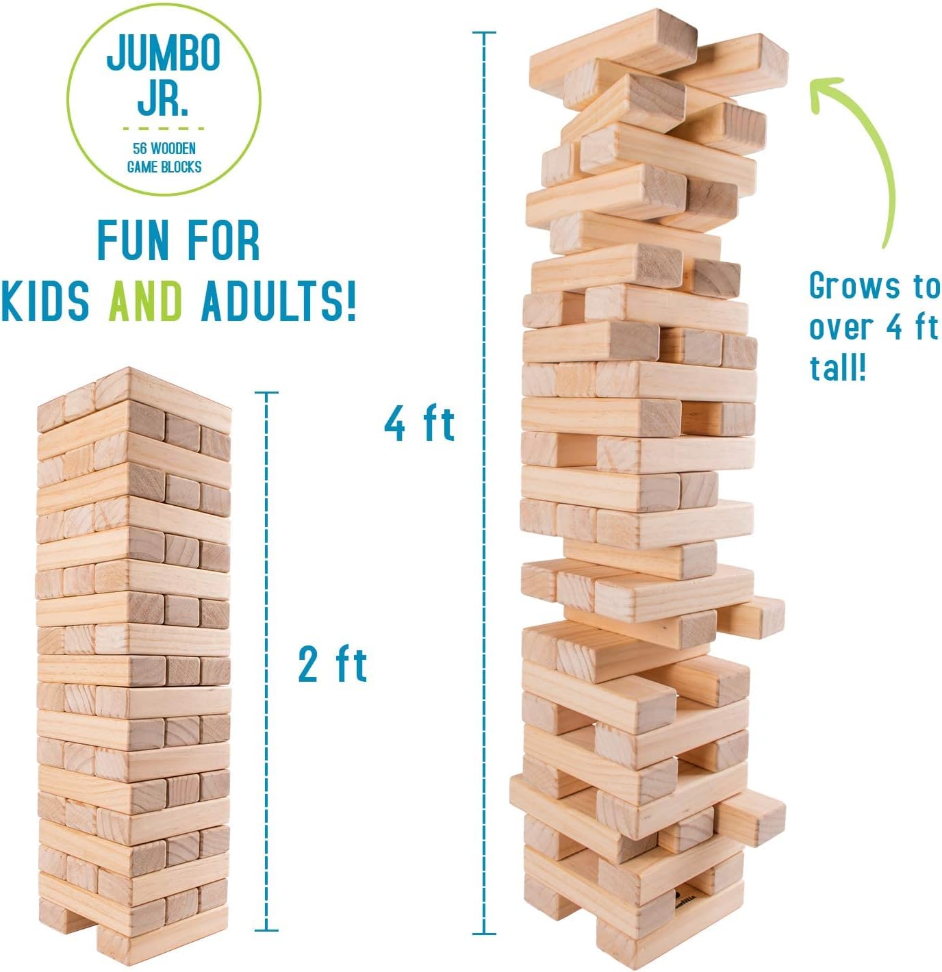 Giantville Giant Tumbling Timber Toy - STEAM-Credited Premium Pine Wood Blocks Tower - Indoor/Outdoor Yard Game for Kids & Adults - 56 Pieces + Carry Bag - Grows to Over 4 Feet