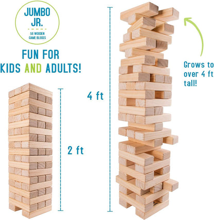 Giantville Giant Tumbling Timber Toy - STEAM-Credited Premium Pine Wood Blocks Tower - Indoor/Outdoor Yard Game for Kids & Adults - 56 Pieces + Carry Bag - Grows to Over 4 Feet