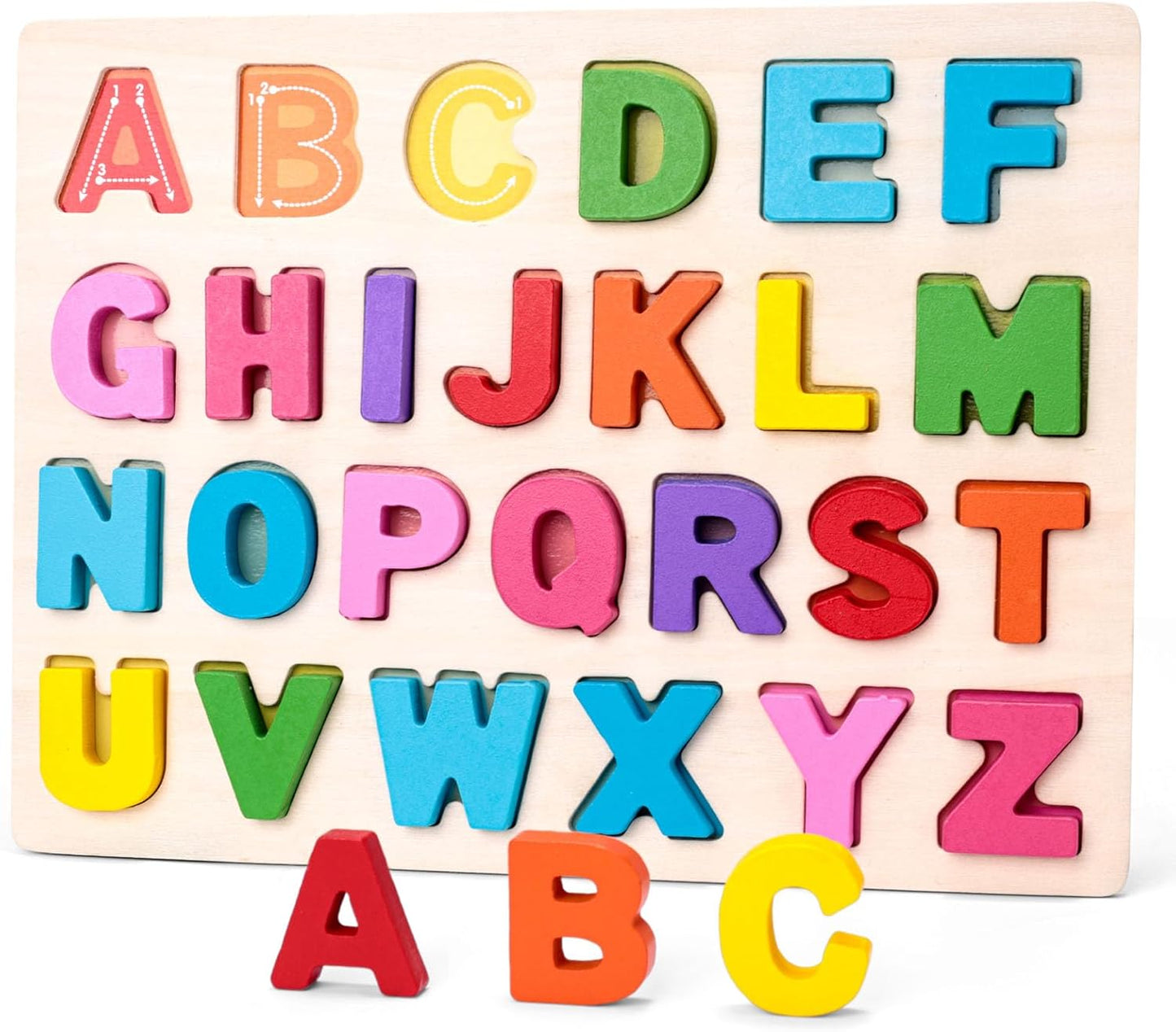 LovesTown Wooden Alphabet Puzzle, ABC Learning Board Build Pre-Reading Skills with Letter Blocks, Matching Games Toys for Daycare Homeschool Kids