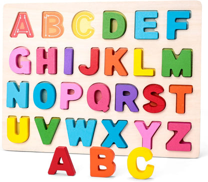 LovesTown Wooden Alphabet Puzzle, ABC Learning Board Build Pre-Reading Skills with Letter Blocks, Matching Games Toys for Daycare Homeschool Kids