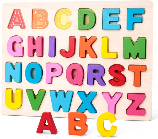 LovesTown Wooden Alphabet Puzzle, ABC Learning Board Build Pre-Reading Skills with Letter Blocks, Matching Games Toys for Daycare Homeschool Kids