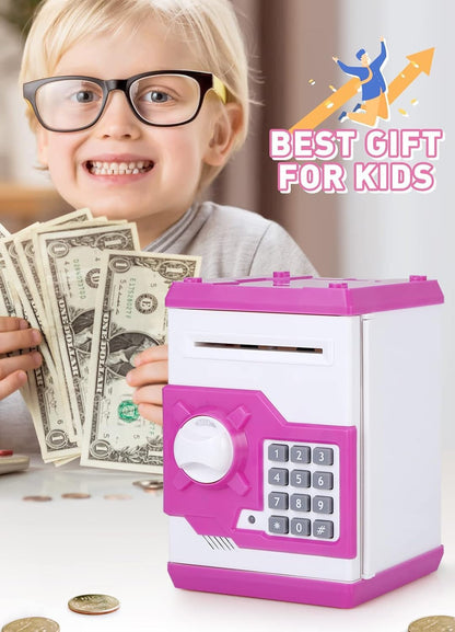 Playsheek Piggy Bank for Girls Boys Large Electronic Money Coin Banks with Password Protection, Automatic Paper Money Scroll Saving Box, Great Gift for Kids(Black-White)