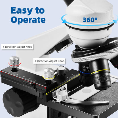 Fitense Microscope for Adults Kids,40X-2000X Monocular Microscope Kit for Home School Lab, 2 LED Lights & 5 Colors Kids Microscope with Phone Holder,10 Specimen Slides,20 Slides,100 Coverslips, Bag