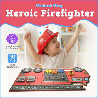 Large Wooden Toddler Puzzles – Fire Truck Interactive Activity Puzzle for Ages 1-3 – Fine Motor Skills Toy with Gears Doors Knobs for Early Learning