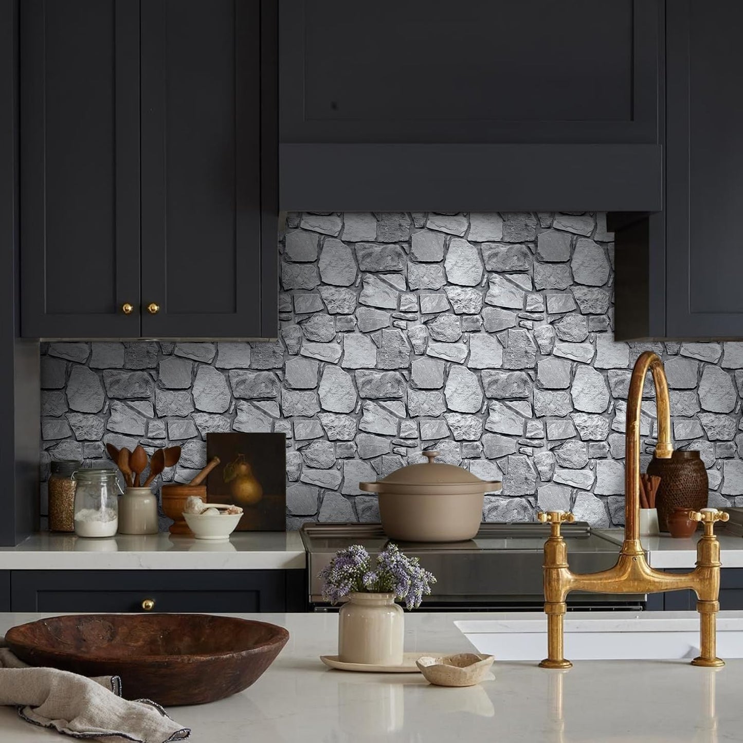 COMSTICKC 3D Faux Gray Stone Wall Sticker Peel and Stick Wall Panels,10 Pcs of 12"X12",Ultra-Light Thin PVC Decorative Tiles Rocks Stone Backsplash Interior Decor,Paintable