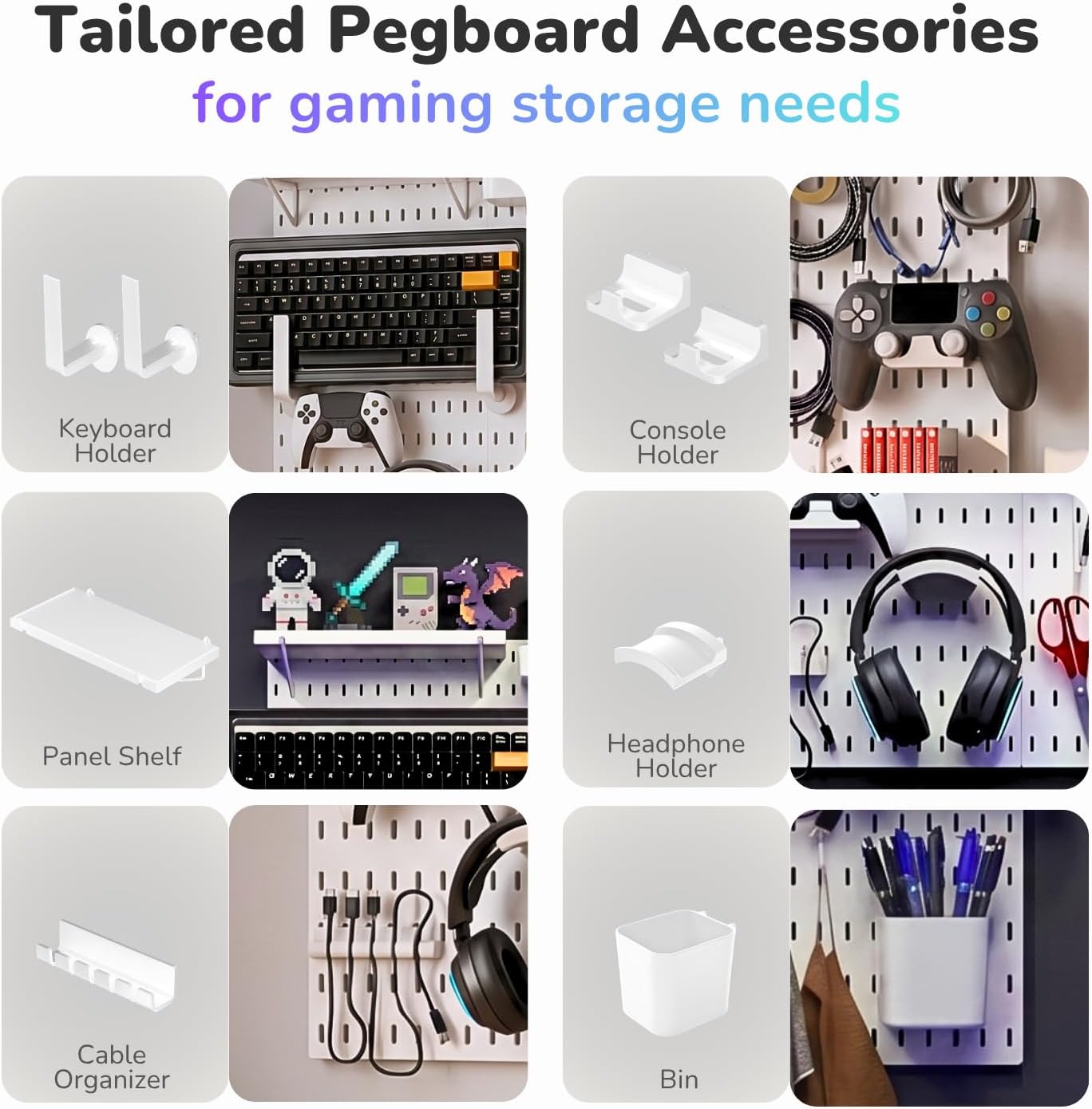 Keepo Peg Board Wall Organizer for Gaming Setup, Pegboard with Adhesives & Screw Mounts, Includes Peg Board Accessories for Gaming Accessories, Tech Storage & Office Organization (Black, 33″×22″)