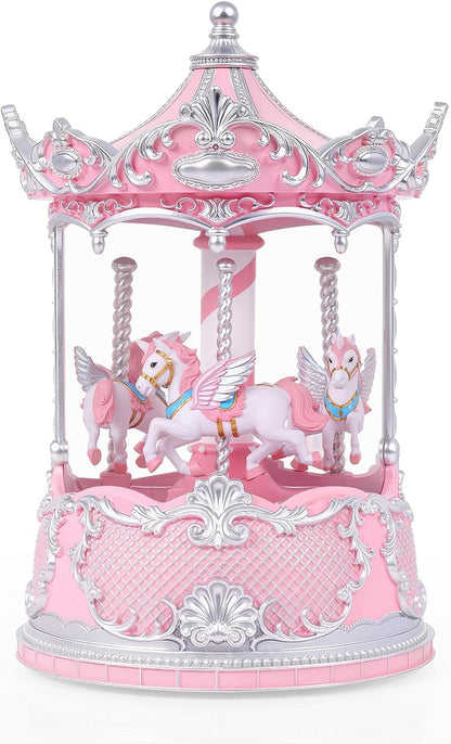 Gifts for Mom Pink Carousel Horse Snow Globe Music Box with Rotating Horses Musical Unicorn Snow Globe with Glitter for Girls, Women, Mom, Birthday Gifts Home Decorations (Pink Silver Carousel)