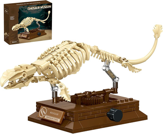 Mosasaurus Fossil Building Block Set – Mechanical Dinosaur Skeleton Model with Gear-Driven Movement and Display Base