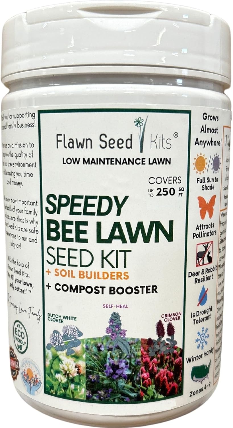 Flawn Seed Kits Speedy Bee Lawn, 500 SqFt, Dutch & Crimson Clover, Self-Heal, Easy to Spread, Low Maintenance, Pet, Kid, Eco-Friendly Regenerative