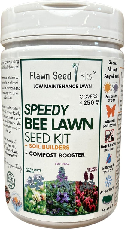 Flawn Seed Kits Speedy Bee Lawn, 500 SqFt, Dutch & Crimson Clover, Self-Heal, Easy to Spread, Low Maintenance, Pet, Kid, Eco-Friendly Regenerative
