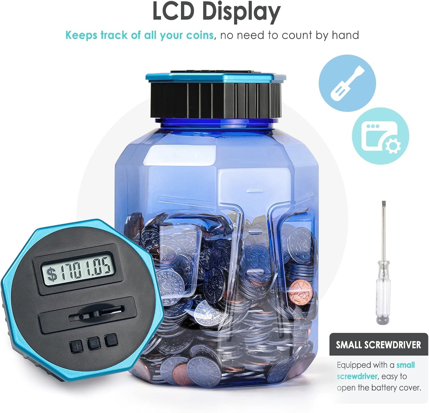 X-Large Piggy Bank for Adults Kids, Vcertcpl Digital Coin Counting Bank with LCD Counter, 2.4L Capacity, Great Coin Counter Bank Money Counting Jar with Total Amount Displayed (Silver, X-Large)