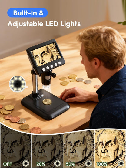 Coin Microscope, 4.3" LCD USB Digital Microscope 1000X Coin Magnifier with 8 Adjustable LED Lights, 1080P PC View Compatible with Windows/MacBook for Adults Kids