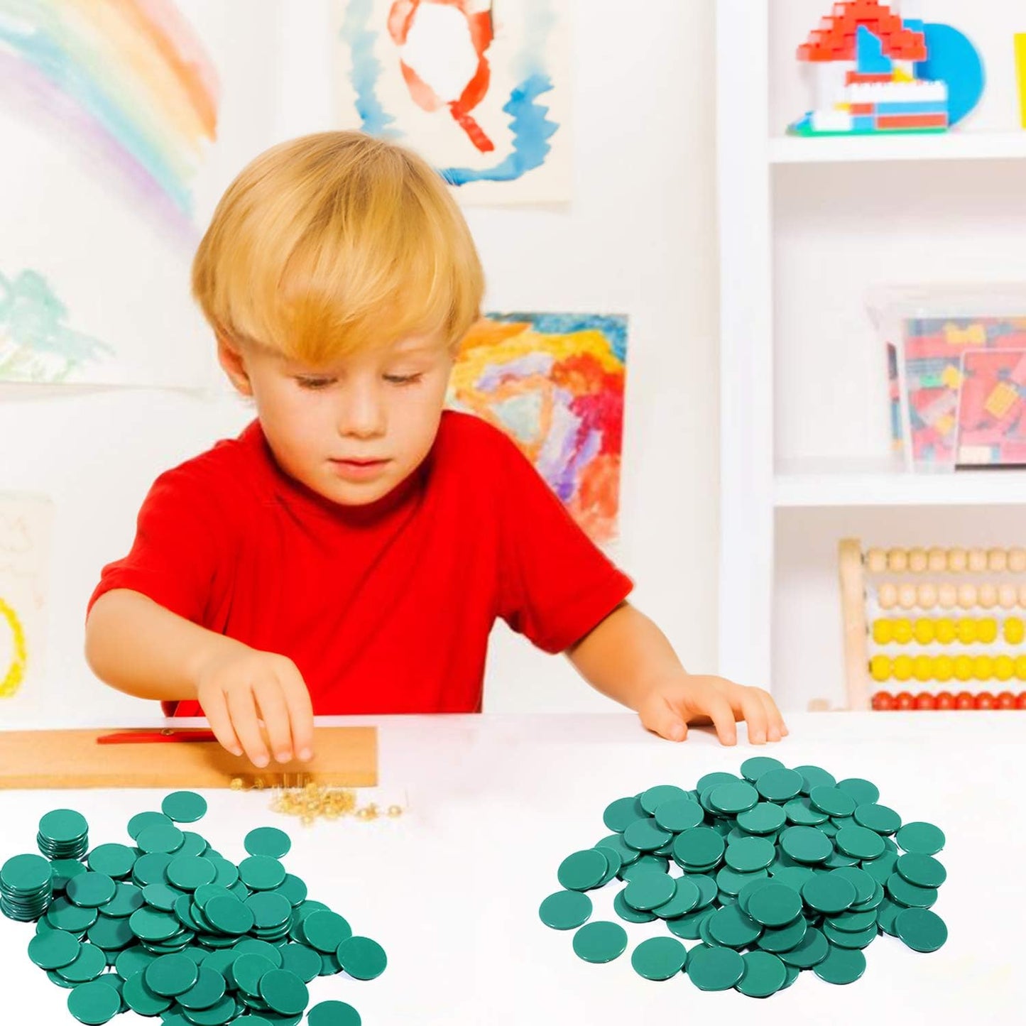 Coopay 300 Pieces Plastic Learning Counters Disks Bingo Chip Counting Discs Markers for Math Practice and Poker Chips Game Tokens,1 Inch (Blue Style 1)