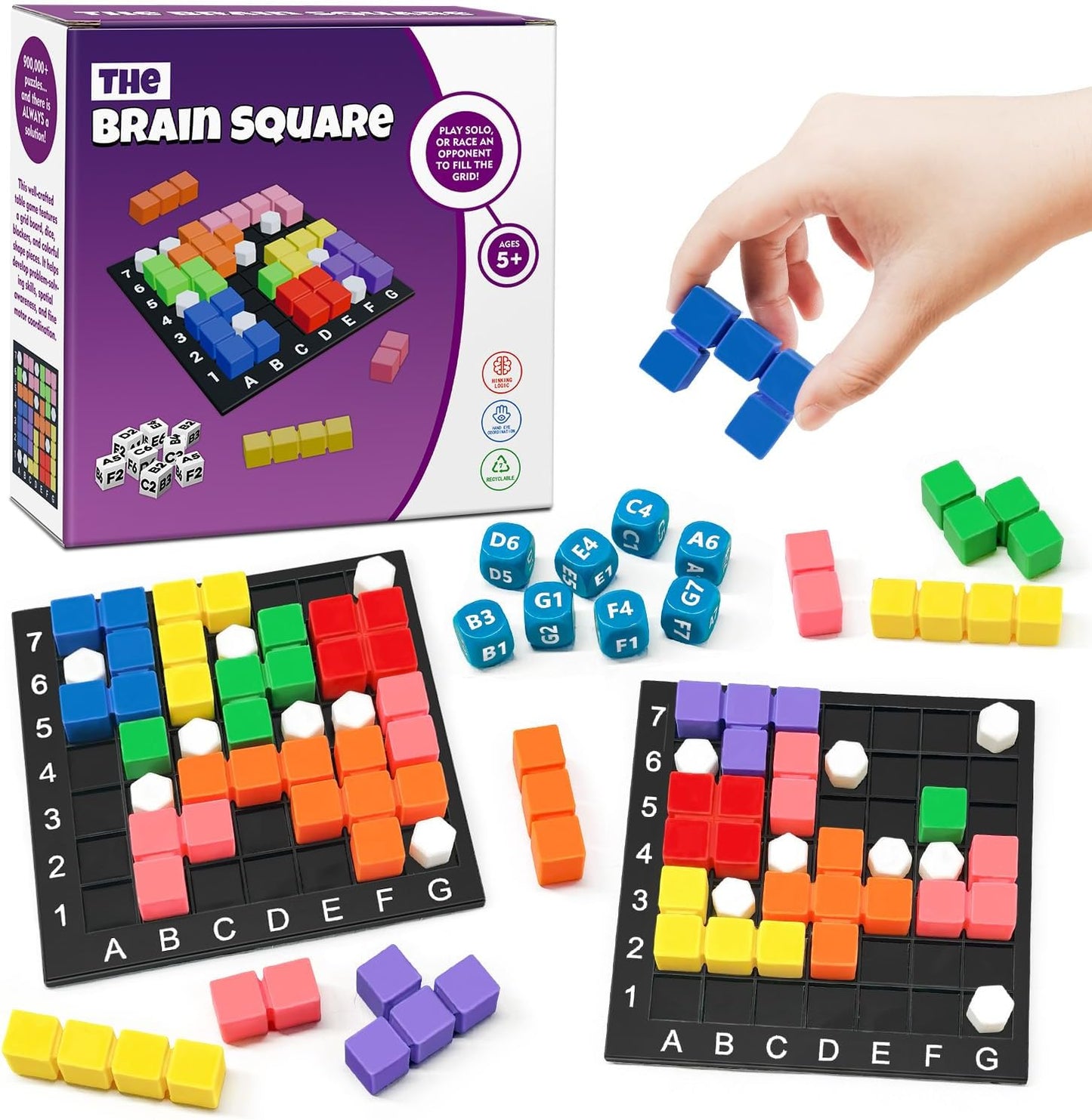 STEM Puzzle Game The Brain Square With 160000+ Solutions Pattern Matching Blocks Brain Teaser Toy Roll Dice & Race Your Opponent to Fill Grid Travel Game for Kids & Teens Back To School Birthday Gift