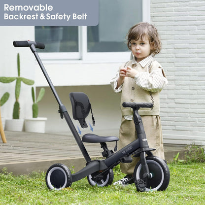 newyoo Toddler Tricycle with Push Handle for 1-3 Year Old, Toddler Bike, Birthday Gift and Toy for Boys and Girls, 5 in 1 Kids Trike, Balance Bike with Backrest and Safety Belt, Khaki, TR007
