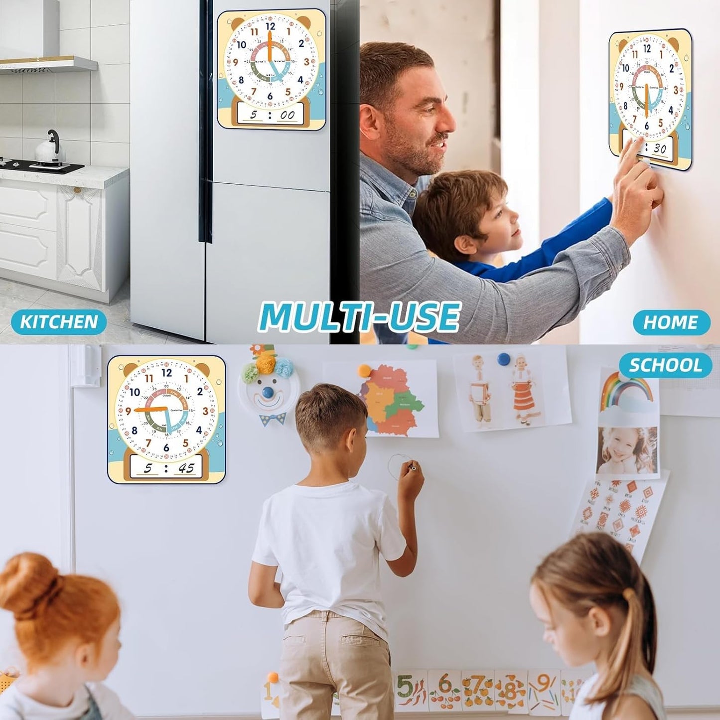 ANCOMEDO Large 12" Magnetic Writable Dry Erase Teaching Clock,Teaching Demonstration Clock for Kids Learning Time with Cute Style for Home School Classroom Supplies(12" x 11")