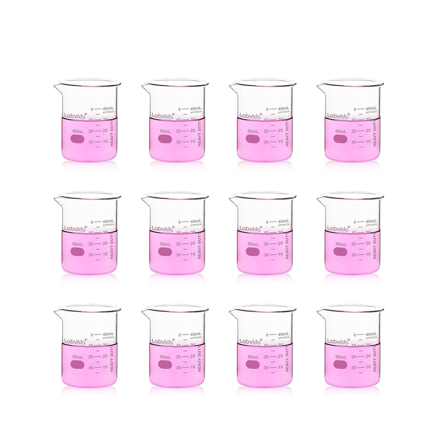 12pcs 50ml Upgrated Thick Glass Beakers, Shot Glass Beaker set, 3.3 Boro Griffin Low Form, Double Scale, LVA003