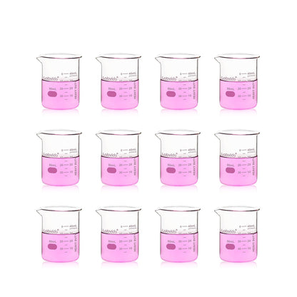 12pcs 50ml Upgrated Thick Glass Beakers, Shot Glass Beaker set, 3.3 Boro Griffin Low Form, Double Scale, LVA003