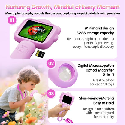 Microscope for Kids, Kids Microscope with Sample Slide, Educational Science Kit, Macro Fixed Focus Kid Mini Microscopes 500x Magnification, 32GB SD Card Include(Purple)