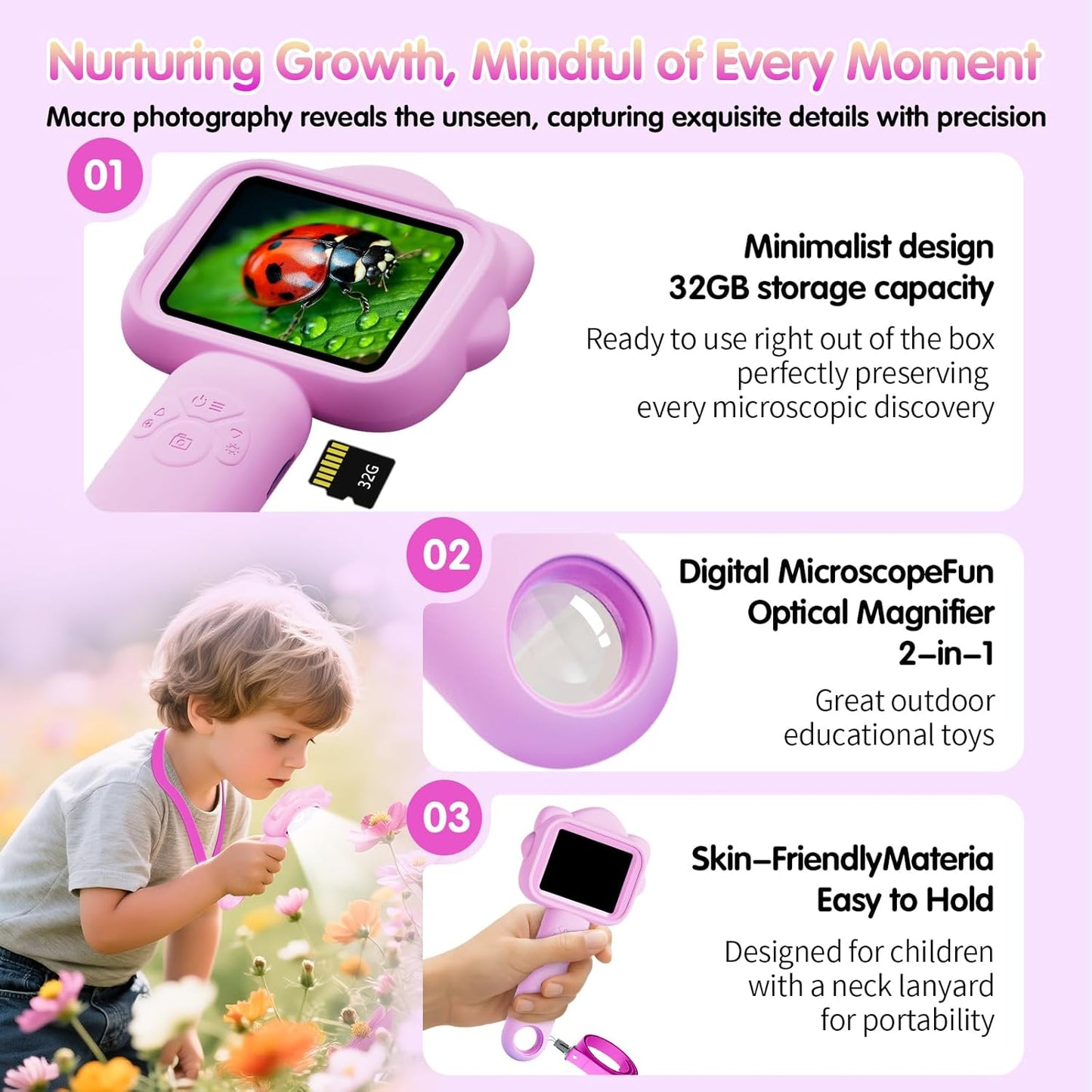 Microscope for Kids – Kid Mini Microscopes with 32GB SD Card, 500x Magnification, Fixed Focus & Prepared Slides, STEM Educational Science Kit for Children (Purple)