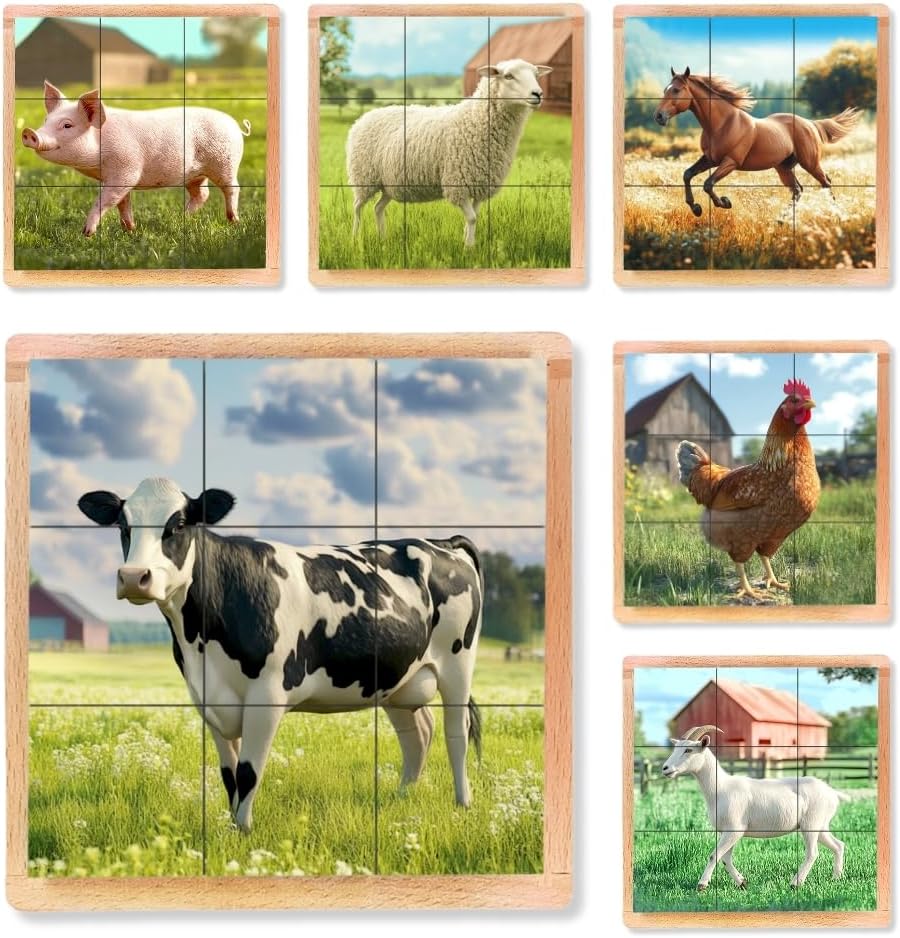 6-in-1 Wooden Animal Puzzle – Montessori Cube Toy for Kids – Realistic Farm Animals Educational Wood Blocks for Toddlers Ages 3–6