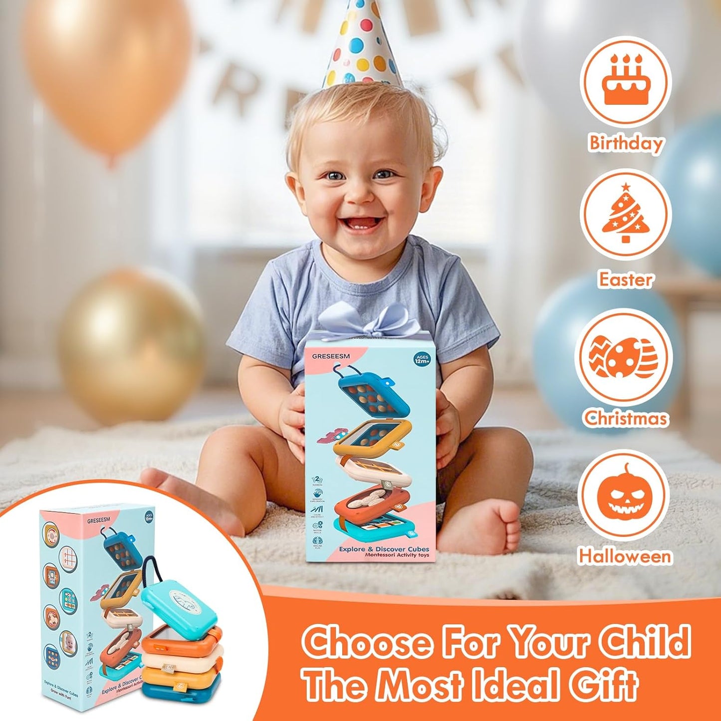 GRESEESM Montessori Busy Board for 1 Year Old, Toddlers Travel Toys for Ages 1–3, Sensory Activity Board for Airplane and Car, Baby Gifts for Boys Girls, Easter Basket & Stocking Stuffers